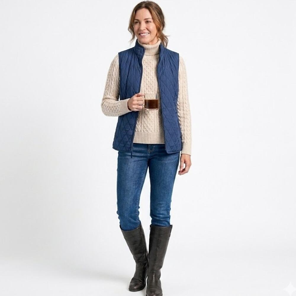 Talbots Women’s Quilted Vest Navy Blue Zip Front Puffer Vest Size L